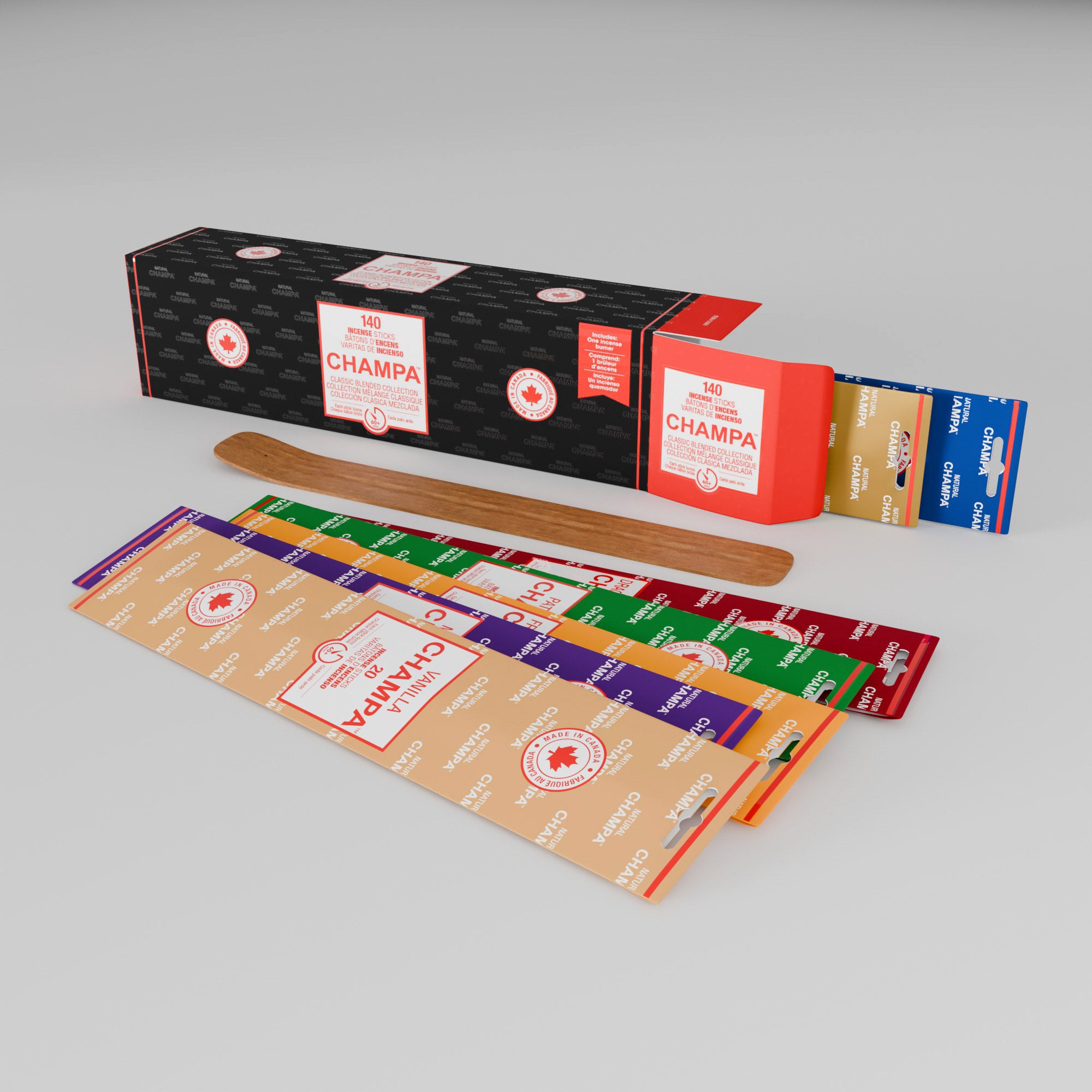 Ensemble Collection Champa – 140 bâtonnets d'encens avec brûleur en bois