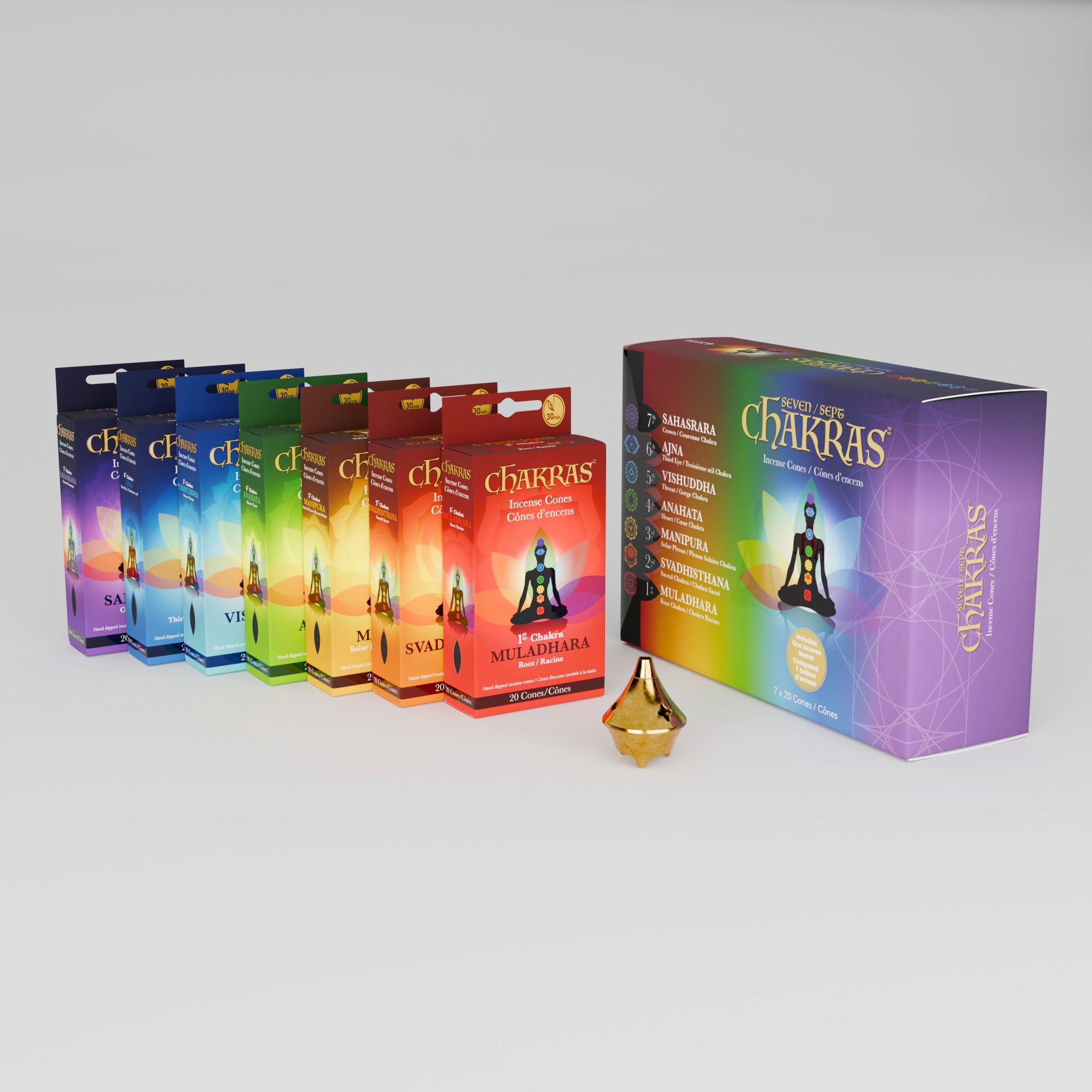 7 Chakras Incense Cones Collection – 20 Cones with Burner