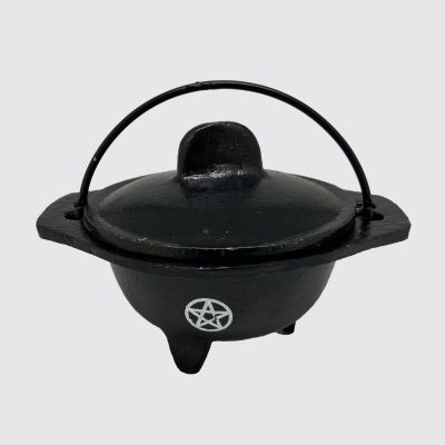Cast Iron Cauldron with Pentacle Symbol – Ritual Incense Burner with Lid