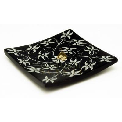 Soapstone Black Flowers Square Incense Holder