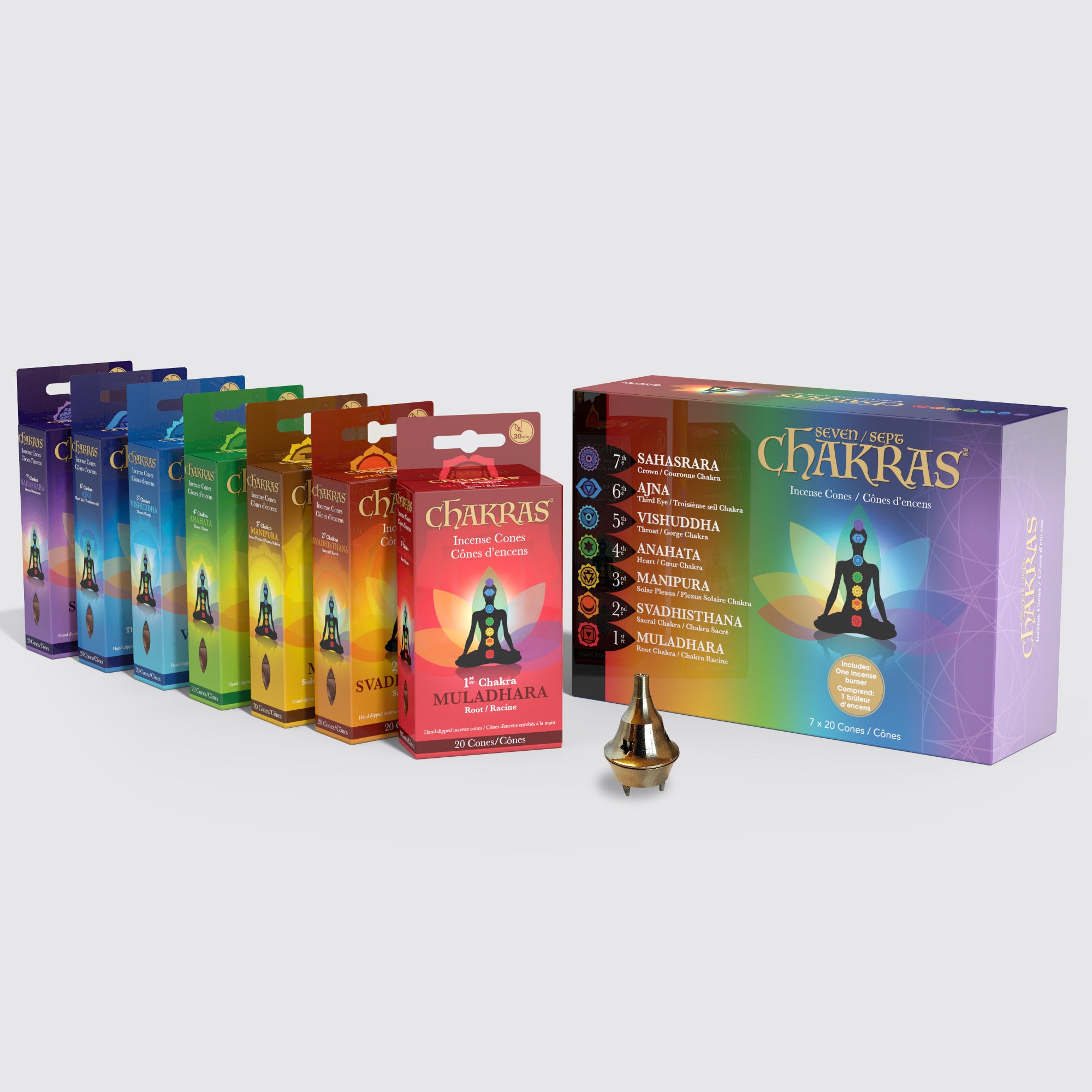 7 Chakras Incense Cones Collection – 20 Cones with Burner